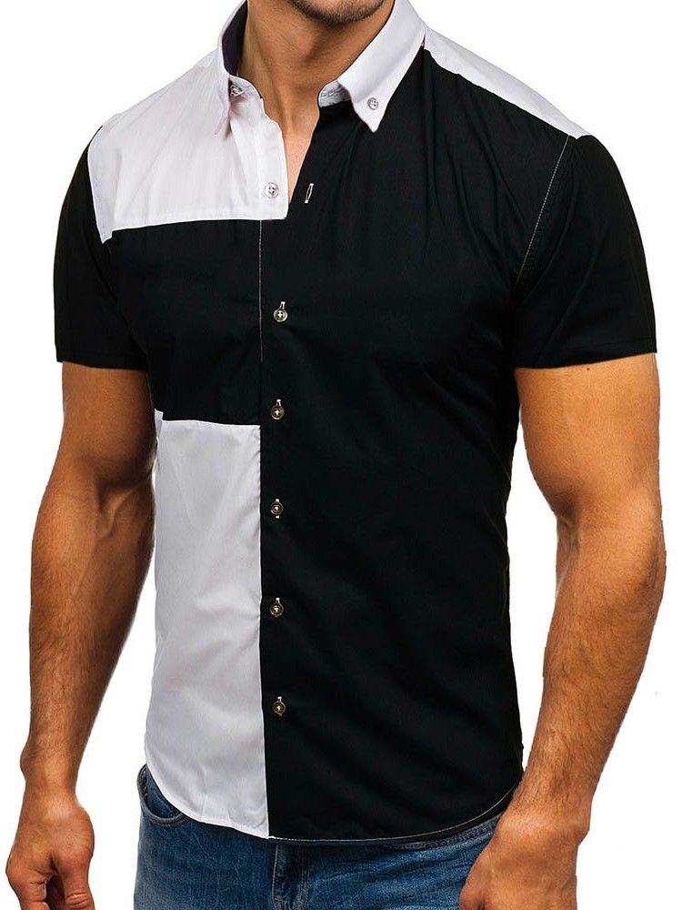 Revers Color Block Casual Slim Triple-breasted Men's Shirt