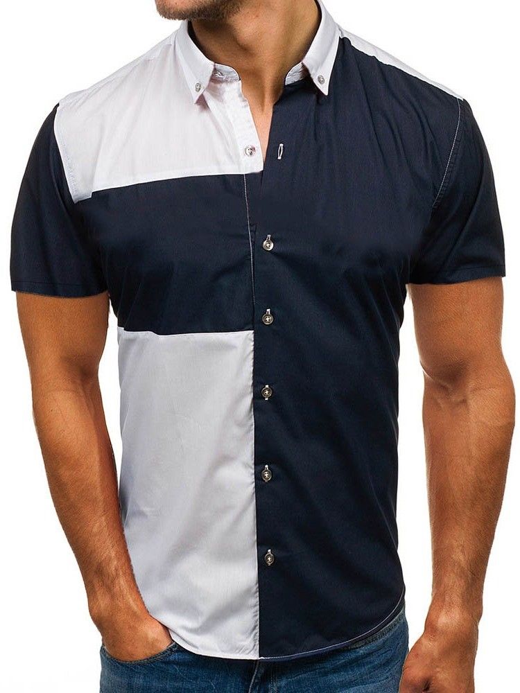 Revers Color Block Casual Slim Triple-breasted Men's Shirt