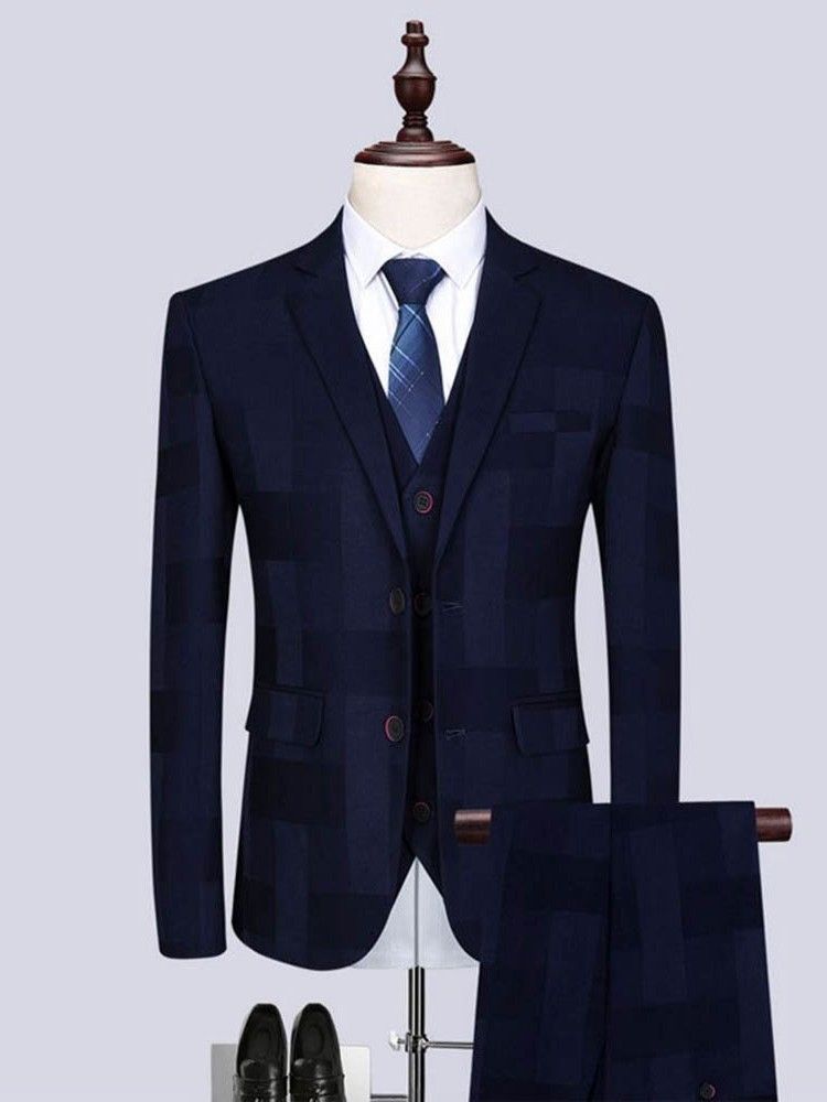 Plaid Single-breasted Blazer Vest Pants Herre Casual Suit