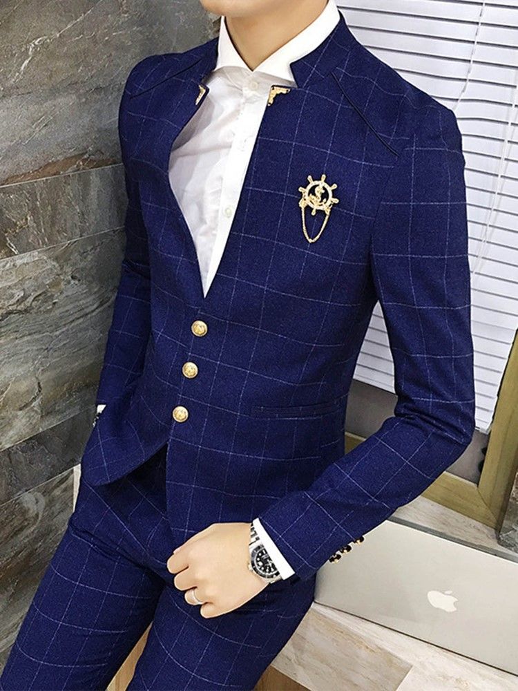 Plaid Stand Collar V-neck Herre Suit