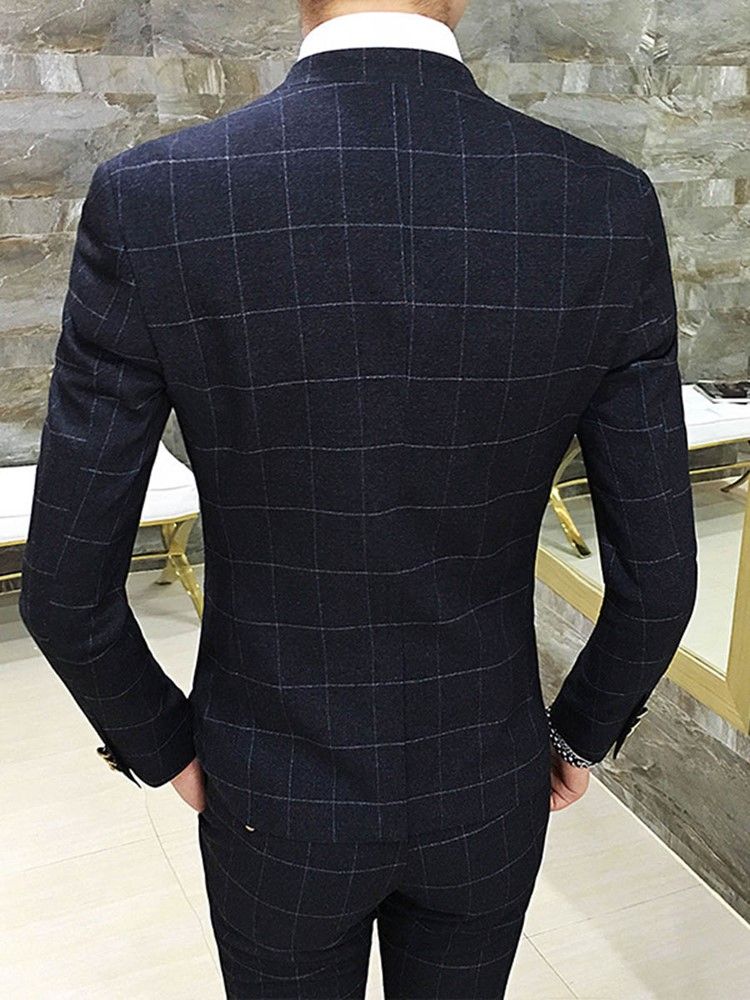 Plaid Stand Collar V-neck Herre Suit