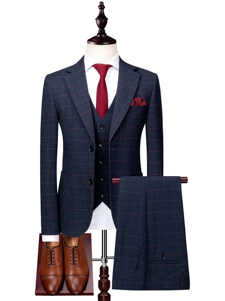 Plaid Two Button 3 Pieces Herre Casual Business Suits