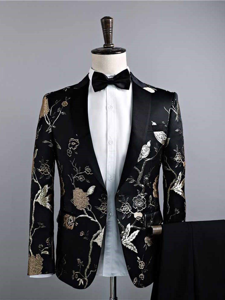 Sort Floral Print Herre Casual Ball Wedding Suits