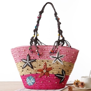 Bohemian Starfish Broderi Straw Handbag