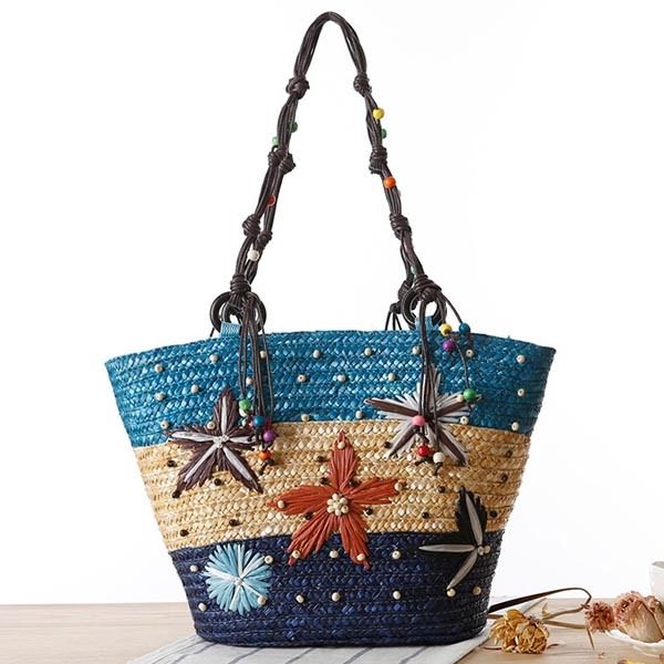 Bohemian Starfish Broderi Straw Handbag