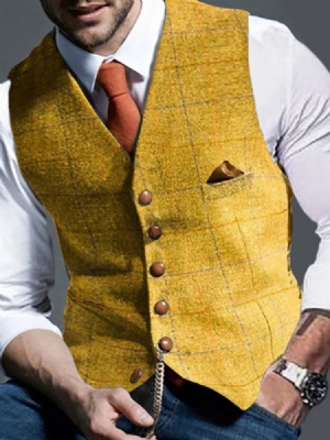 Herre Plaid V-neck Single-breasted European Waistcoat