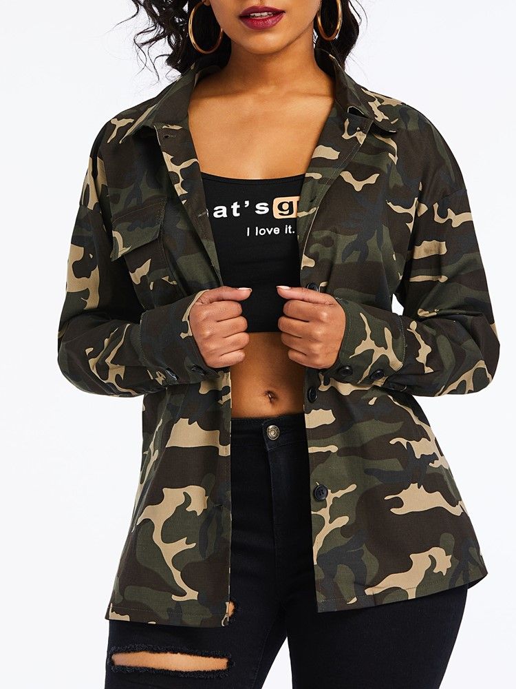 Kvinders Camouflage Revers Print Langærmet Mellemlang Bluse