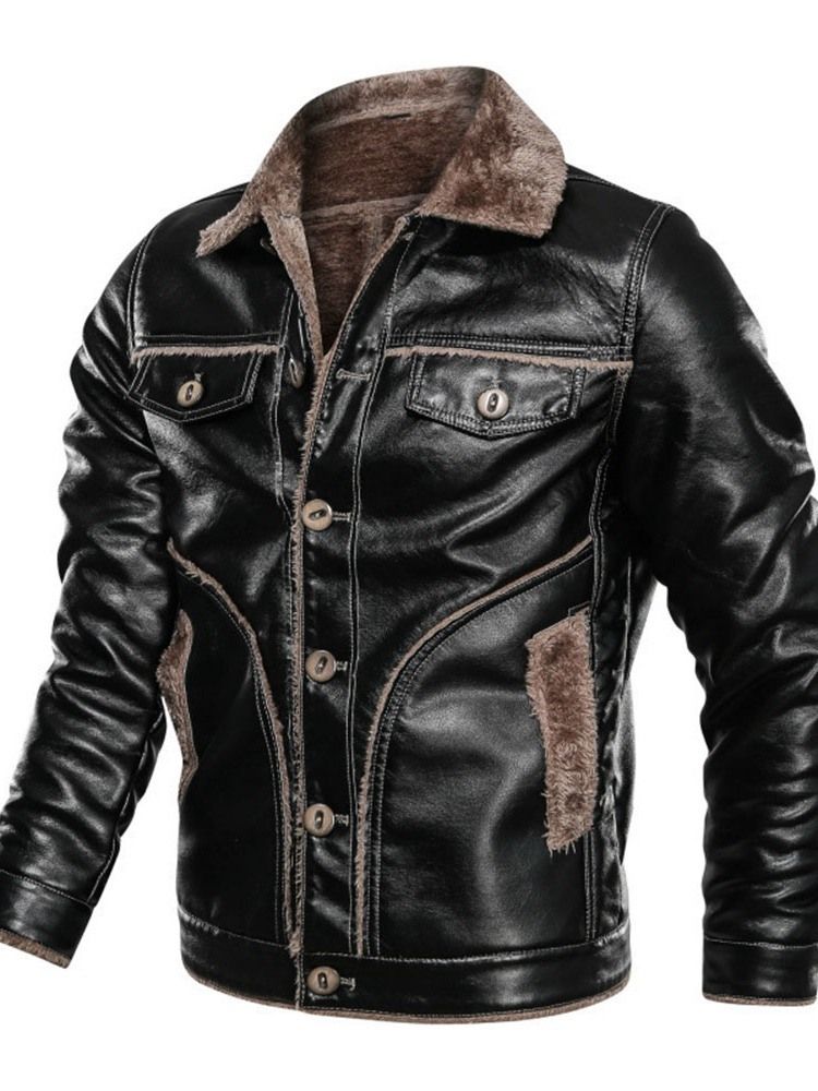 Lapel Standard Patchwork Single-breasted Leather Jacket Til Mænd