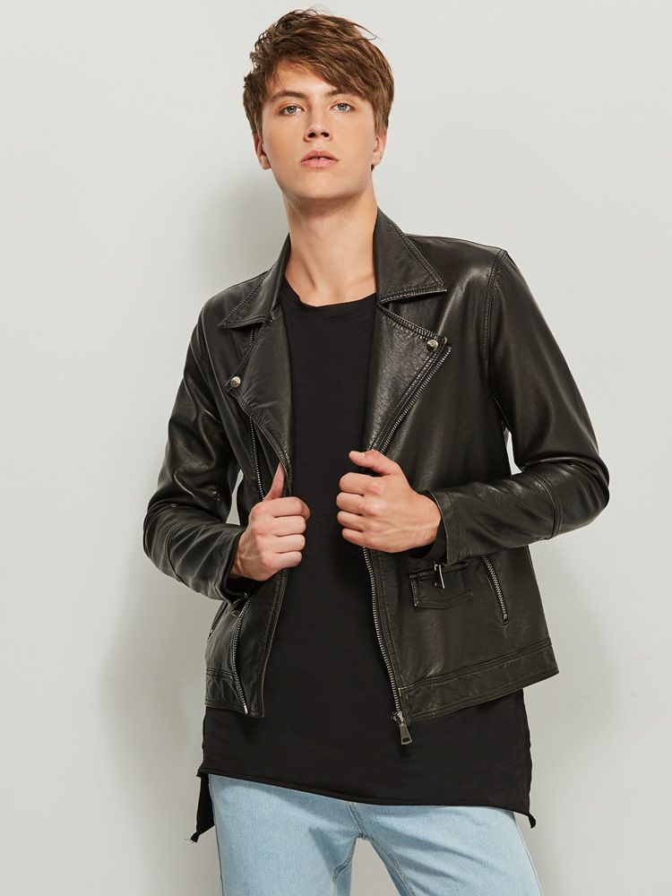 Notched Revers Solid Color Slim Pu Men's Jacket