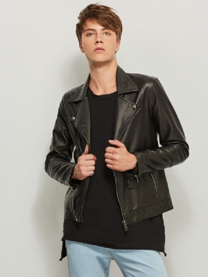 Notched Revers Solid Color Slim Pu Men's Jacket