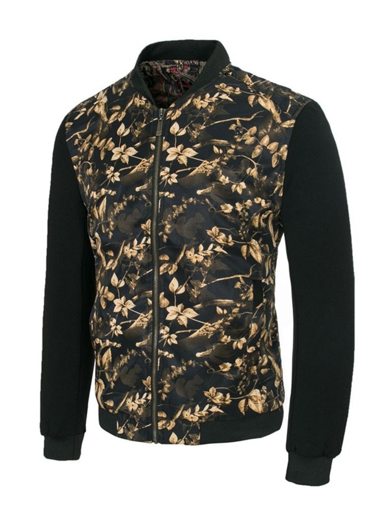 Patchwork Floral Printed Stand Collar Mens Slim Zipper Jacket