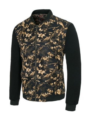 Patchwork Floral Printed Stand Collar Mens Slim Zipper Jacket