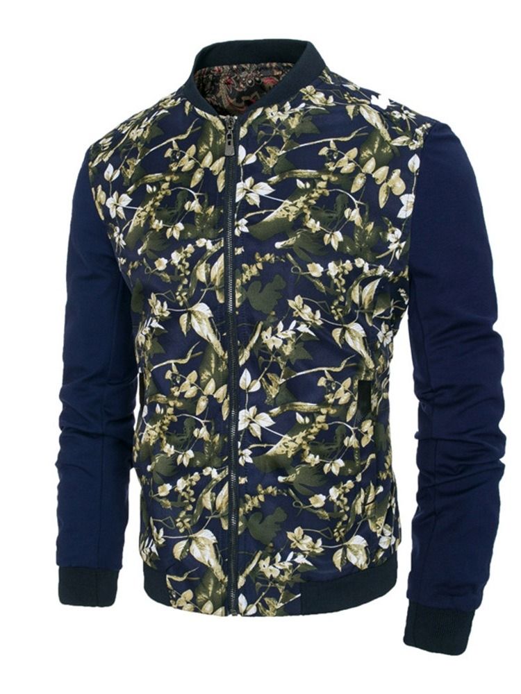 Patchwork Floral Printed Stand Collar Mens Slim Zipper Jacket