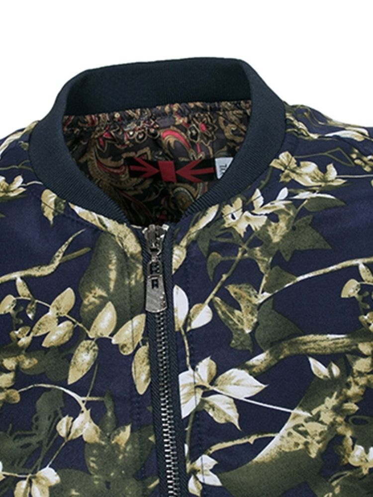 Patchwork Floral Printed Stand Collar Mens Slim Zipper Jacket