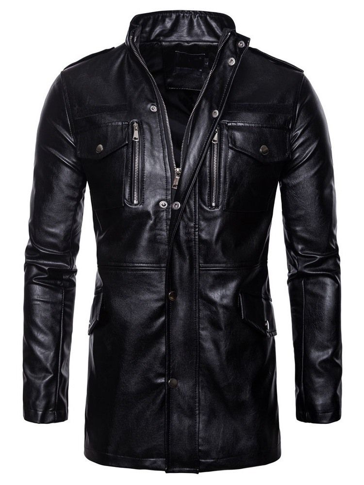 Plain Stand Collar Standard European Winter Leather Men's Jacket