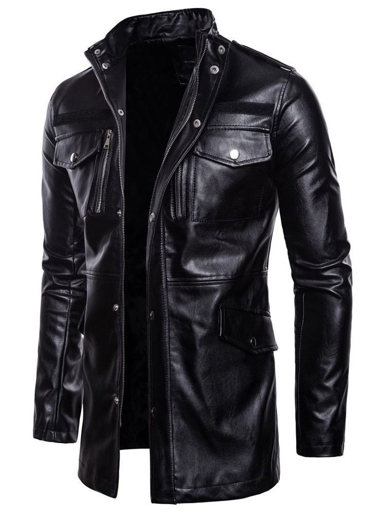 Plain Stand Collar Standard European Winter Leather Men's Jacket