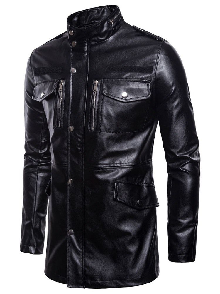 Plain Stand Collar Standard European Winter Leather Men's Jacket