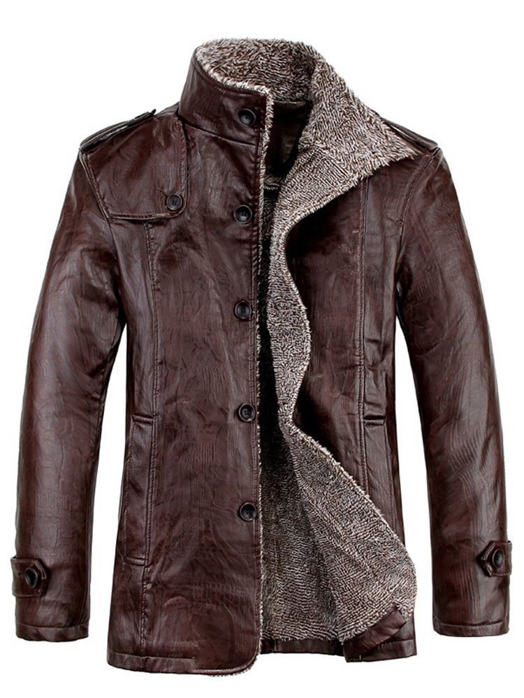 Plain Standard Stand Collar Herre Slim Leather Jacket