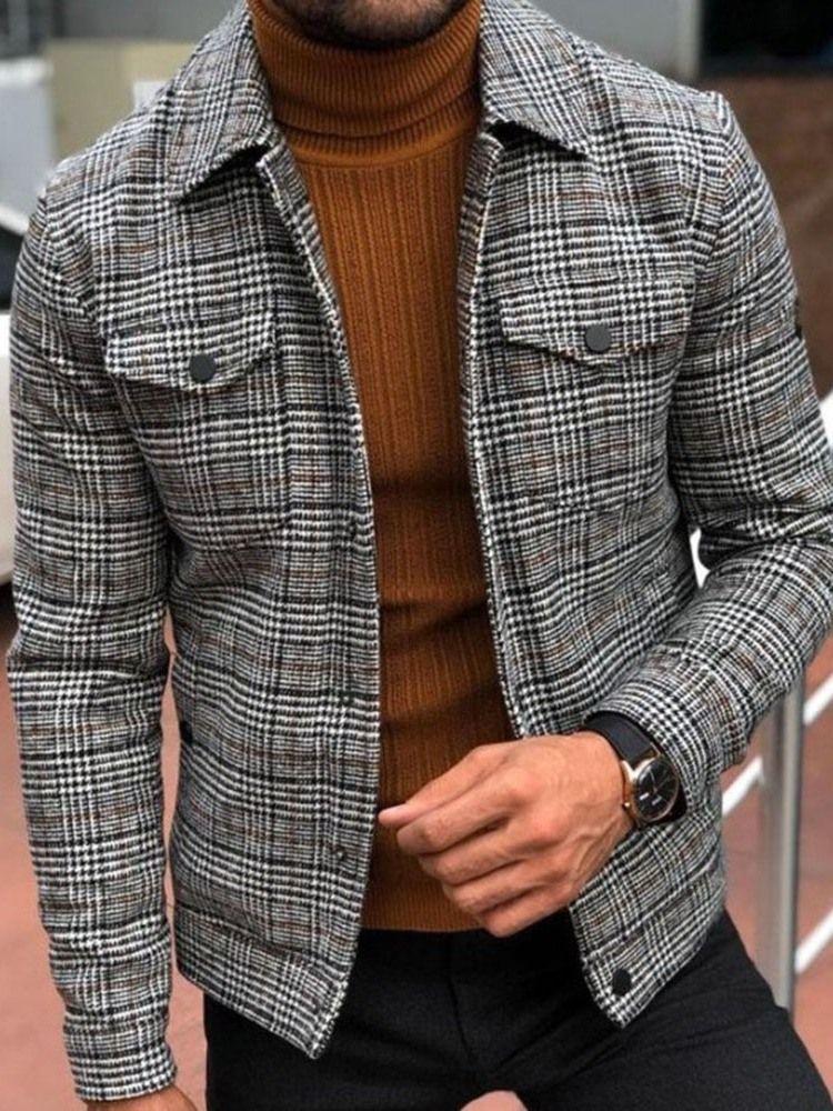 Pocket Plaid Lapel Fall Slim Slim Jacket Til Mænd