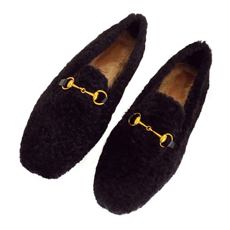 Faux Fur Block Heel Round Toe Slip-on Kvinders Fladsko