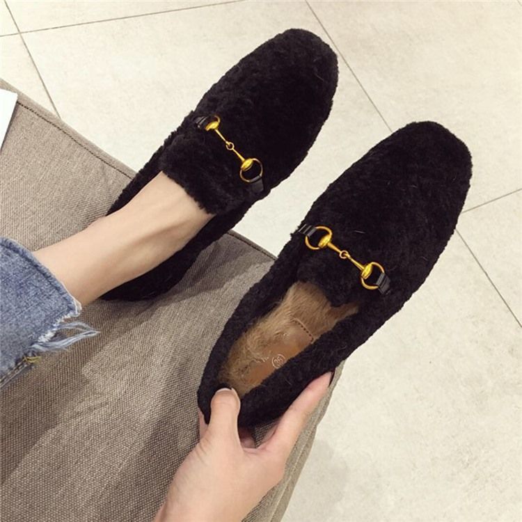 Faux Fur Block Heel Round Toe Slip-on Kvinders Fladsko