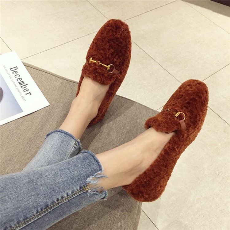 Faux Fur Block Heel Round Toe Slip-on Kvinders Fladsko