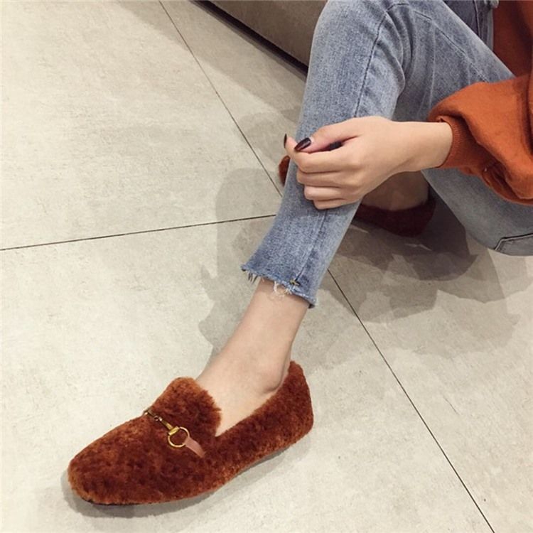 Faux Fur Block Heel Round Toe Slip-on Kvinders Fladsko