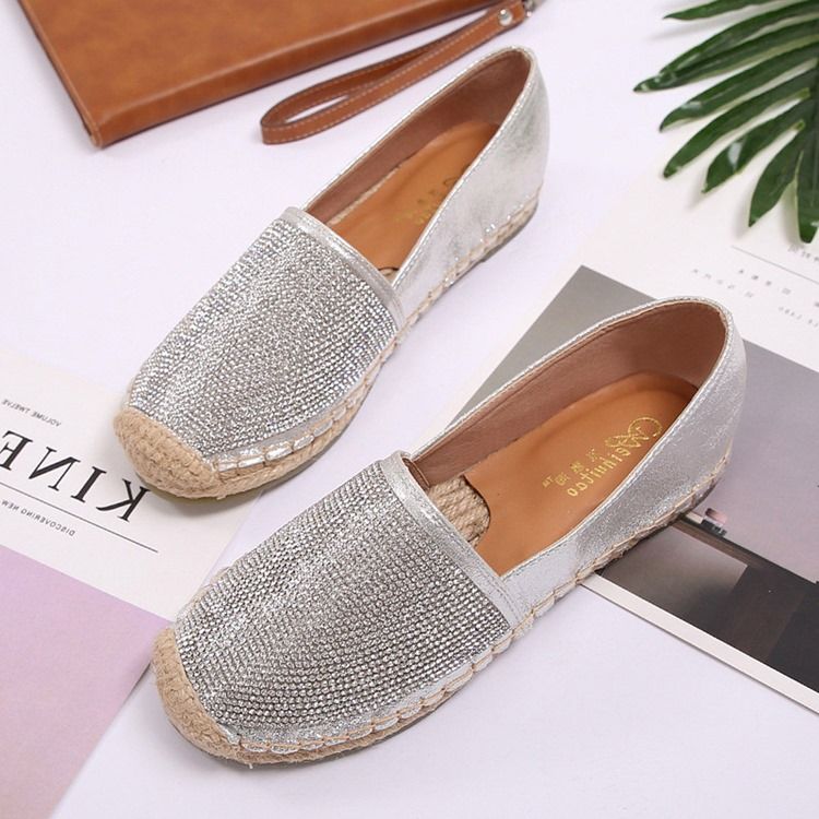 Rhinestone Block Heel Slip-on Round Toe Women's Flats