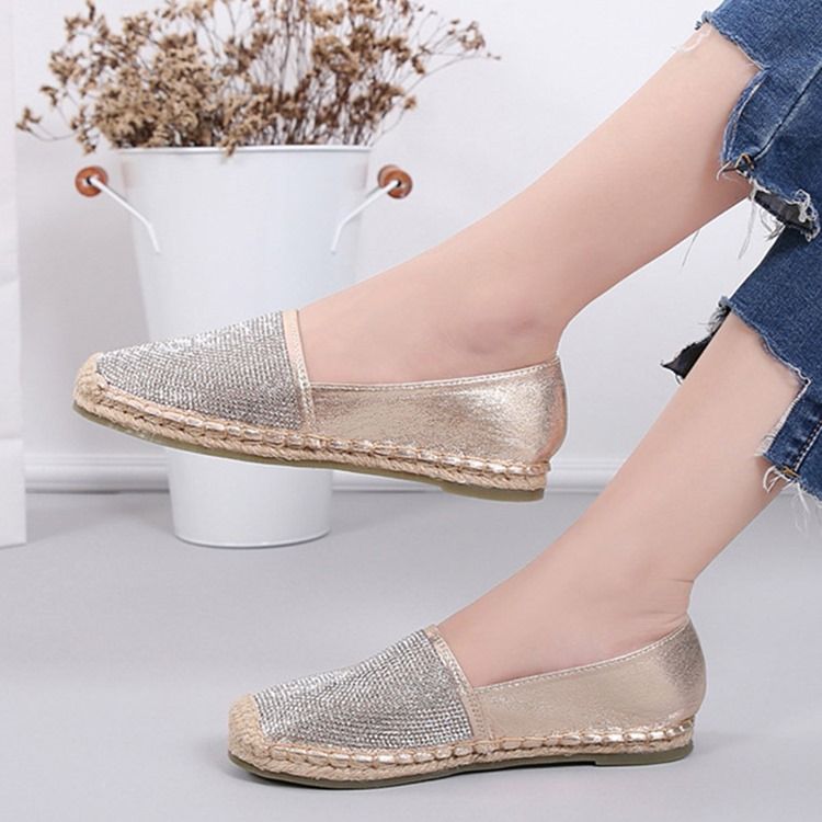 Rhinestone Block Heel Slip-on Round Toe Women's Flats